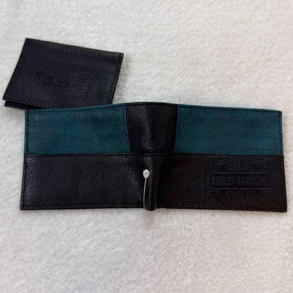 Harley Davidson Bifold Wallet Two Tone Black Teal Leather Biker Motorcycle Logo